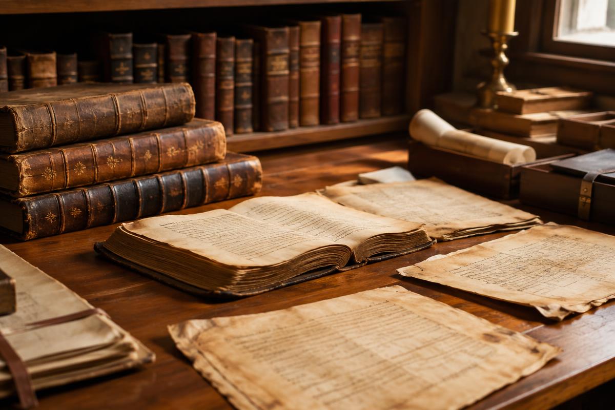 Old manuscripts and leather-bound books
